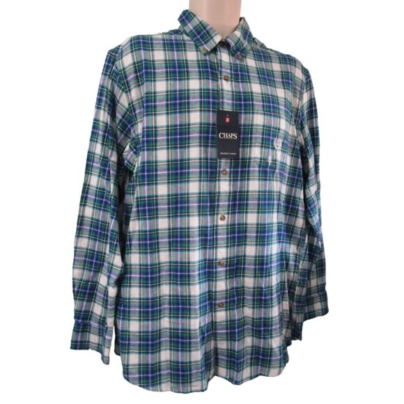 Chaps Brushed Flannel Blue Green Plaid Mens Lg Button Down NWT - Picture 1 of 16